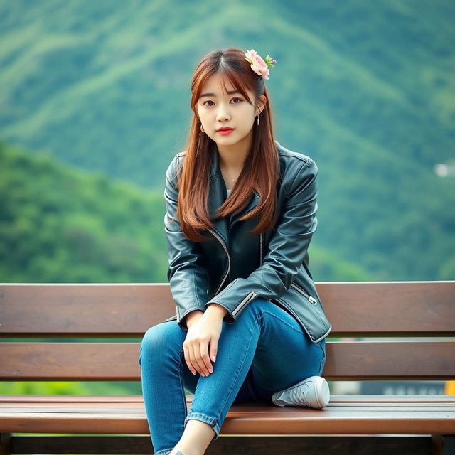 A beautiful Korean woman sitting on a wooden bench, wearing a black leather jacket, blue jeans, and white sneakers