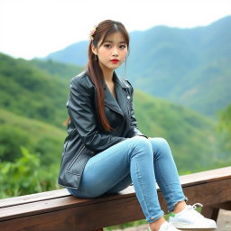 A beautiful Korean woman sitting on a wooden bench, wearing a black leather jacket, blue jeans, and white sneakers
