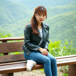 A beautiful Korean woman sitting on a wooden bench, wearing a black leather jacket, blue jeans, and white sneakers