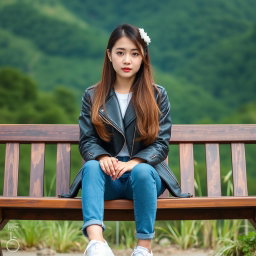 A beautiful Korean woman sitting on a wooden bench, wearing a black leather jacket, blue jeans, and white sneakers