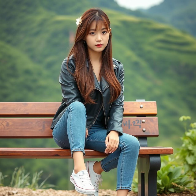 A beautiful Korean woman sitting on a wooden bench, wearing a black leather jacket, blue jeans, and white sneakers