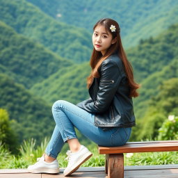 A beautiful Korean woman sitting on a wooden bench, wearing a black leather jacket, blue jeans, and white sneakers