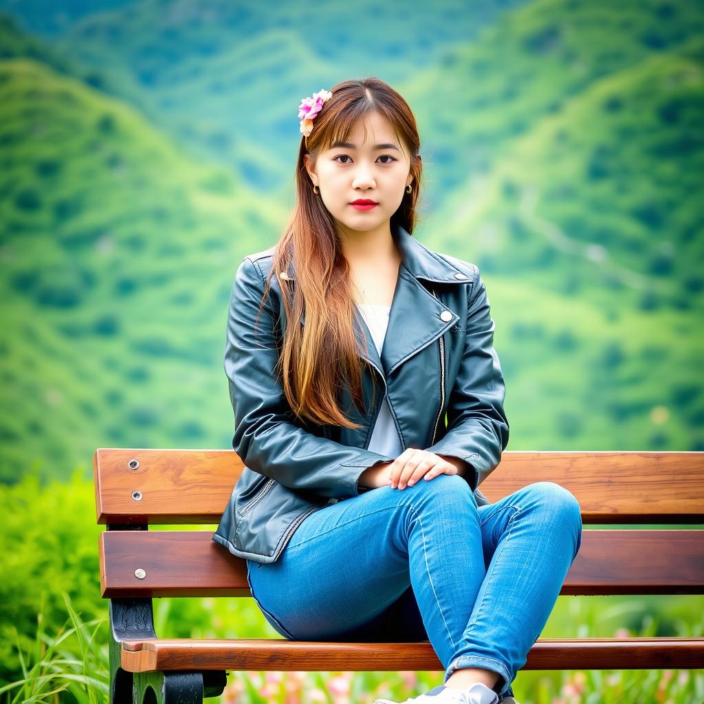 A beautiful Korean woman sitting on a wooden bench, wearing a black leather jacket, blue jeans, and white sneakers