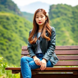 A beautiful Korean woman sitting on a wooden bench, wearing a black leather jacket, blue jeans, and white sneakers