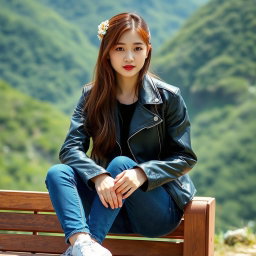 A beautiful Korean woman sitting on a wooden bench, wearing a black leather jacket, blue jeans, and white sneakers