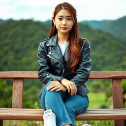 A beautiful Korean woman sitting on a wooden bench, wearing a black leather jacket, blue jeans, and white sneakers