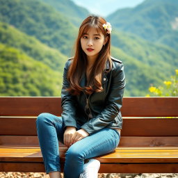A beautiful Korean woman sitting on a wooden bench, wearing a black leather jacket, blue jeans, and white sneakers