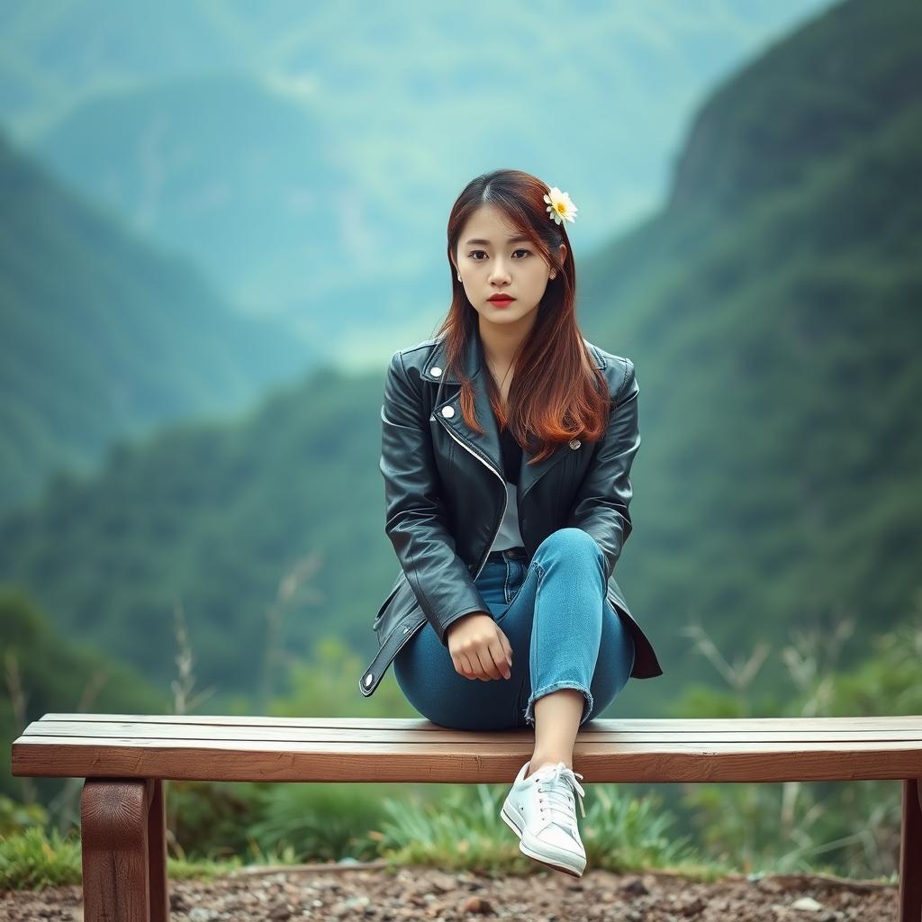 A beautiful Korean woman sitting on a wooden bench, wearing a black leather jacket, blue jeans, and white sneakers