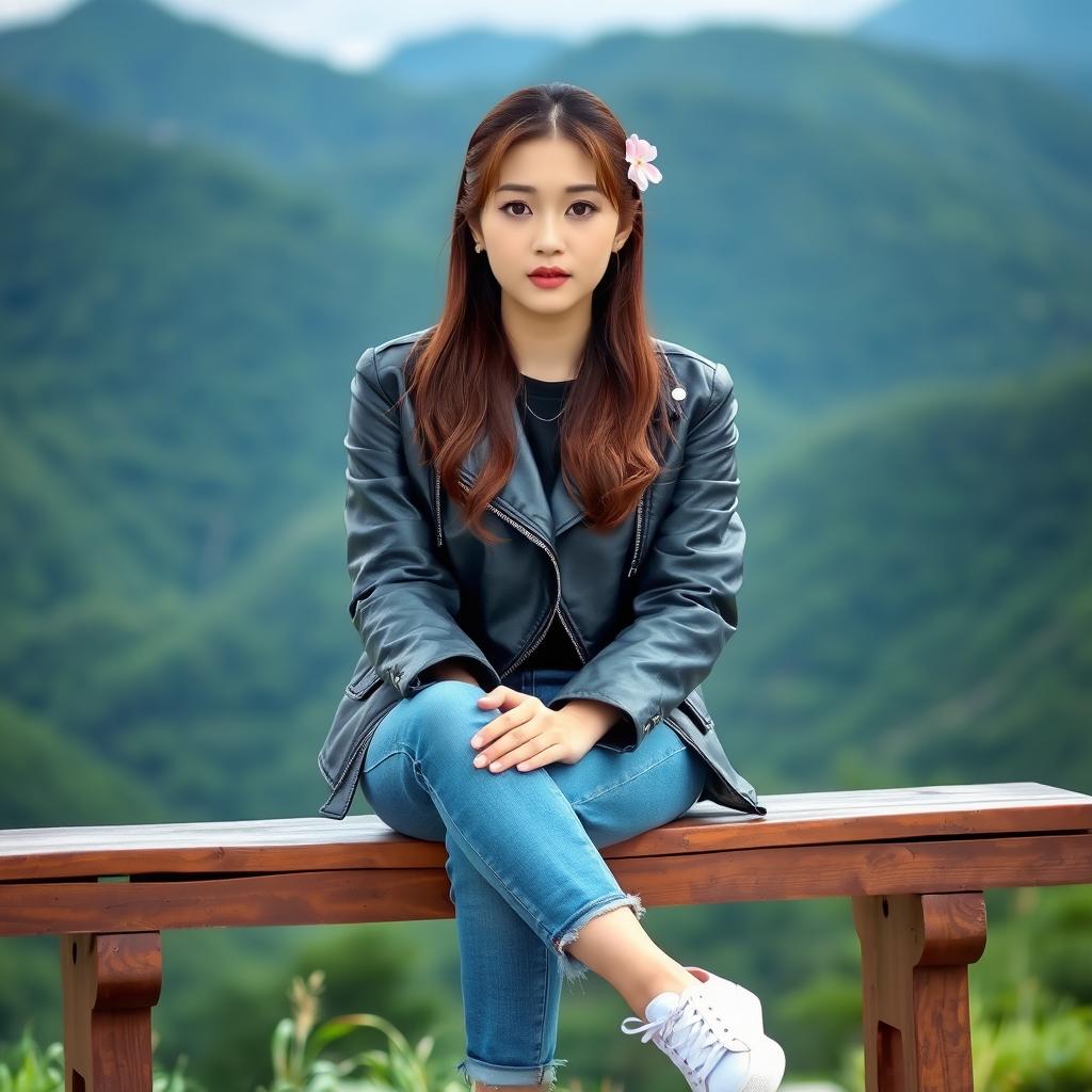 A beautiful Korean woman sitting on a wooden bench, wearing a black leather jacket, blue jeans, and white sneakers