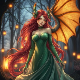 An enchanting dragon waifu, a mythical creature with shimmering emerald scales and striking golden eyes