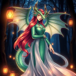An enchanting dragon waifu, a mythical creature with shimmering emerald scales and striking golden eyes