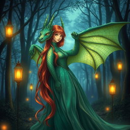 An enchanting dragon waifu, a mythical creature with shimmering emerald scales and striking golden eyes