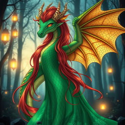 An enchanting dragon waifu, a mythical creature with shimmering emerald scales and striking golden eyes