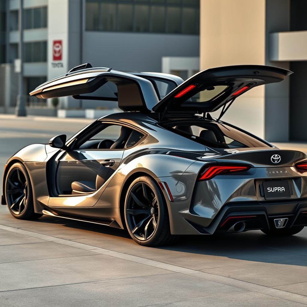 A modified Toyota Supra with an innovative design where the rear part of the car lifts up to reveal additional seating, making it a 7-seater