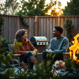 Cinematic shot of a middle-aged woman and a Black teenager sitting side by side in terrace chairs, engaged in a lively conversation
