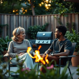 Cinematic shot of a middle-aged woman and a Black teenager sitting side by side in terrace chairs, engaged in a lively conversation