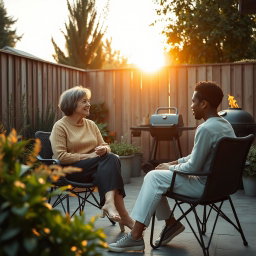 Cinematic shot of a middle-aged woman and a Black teenager sitting side by side in terrace chairs, engaged in a lively conversation
