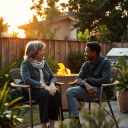 Cinematic shot of a middle-aged woman and a Black teenager sitting side by side in terrace chairs, engaged in a lively conversation