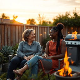 Cinematic shot of a middle-aged woman and her Black teenage daughter sitting side by side in terrace chairs, engaged in a joyful conversation