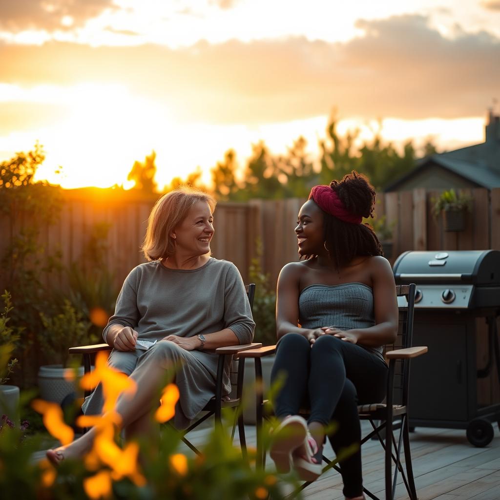 Cinematic shot of a middle-aged woman and her Black teenage daughter sitting side by side in terrace chairs, engaged in a joyful conversation