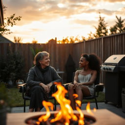 Cinematic shot of a middle-aged woman and her Black teenage daughter sitting side by side in terrace chairs, engaged in a joyful conversation