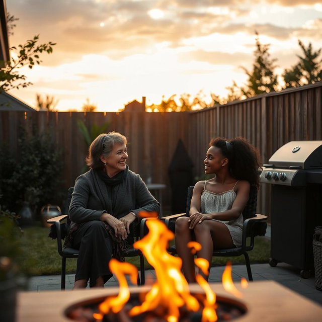 Cinematic shot of a middle-aged woman and her Black teenage daughter sitting side by side in terrace chairs, engaged in a joyful conversation