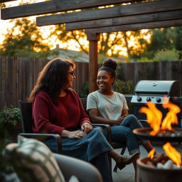Cinematic shot of a middle-aged woman and her Black teenage daughter sitting side by side in terrace chairs, engaged in a joyful conversation