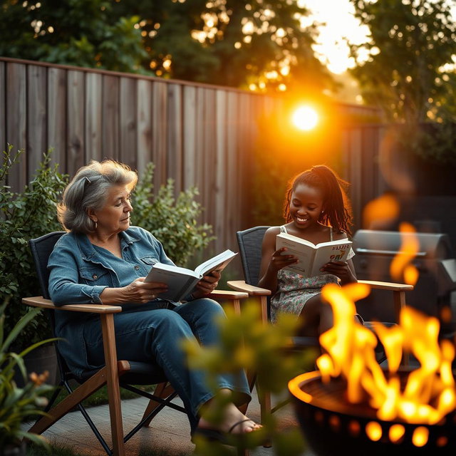 Cinematic shot of a middle-aged woman and her Black teenage daughter sitting side by side in terrace chairs, reading books while occasionally chatting