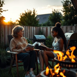 Cinematic shot of a middle-aged woman and her Black teenage daughter sitting side by side in terrace chairs, reading books while occasionally chatting