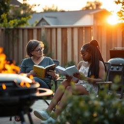 Cinematic shot of a middle-aged woman and her Black teenage daughter sitting side by side in terrace chairs, reading books while occasionally chatting