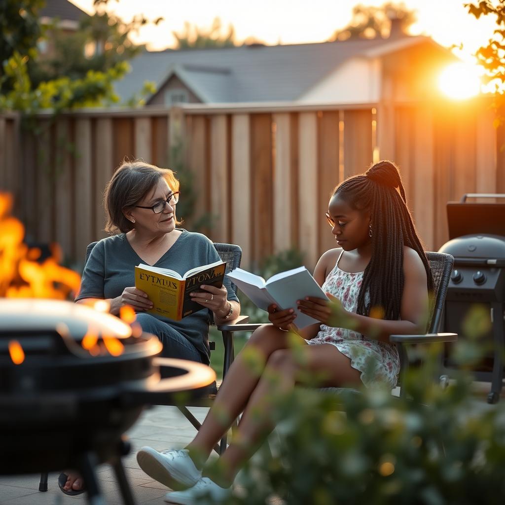 Cinematic shot of a middle-aged woman and her Black teenage daughter sitting side by side in terrace chairs, reading books while occasionally chatting