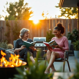 Cinematic shot of a middle-aged woman and her Black teenage daughter sitting side by side in terrace chairs, reading books while occasionally chatting