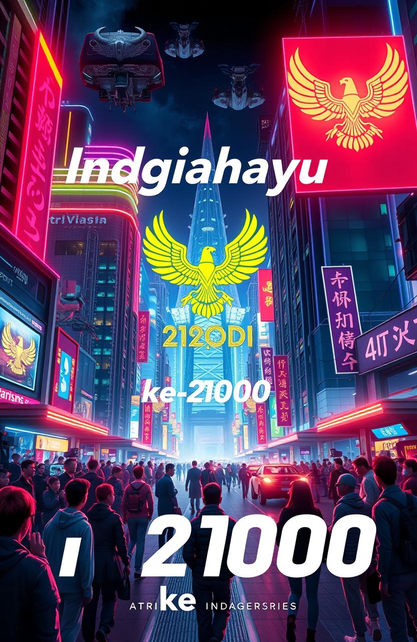 A vibrant and futuristic cover design for an A4 magazine celebrating the 2100th anniversary of Indonesian independence, under the theme of 'Dirgahayu Indonesiaku ke-2100'
