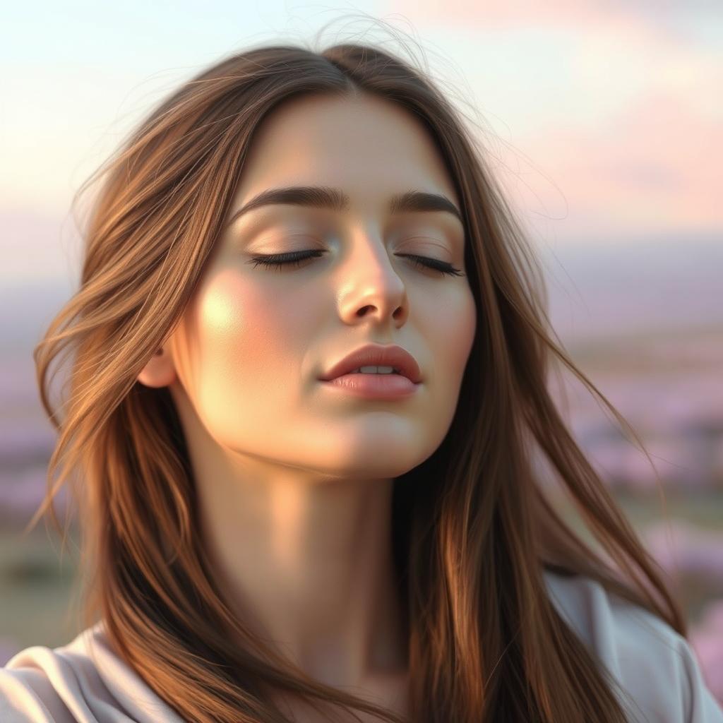 A serene portrait of a beautiful woman with long flowing hair, her eyes gently closed in a moment of bliss