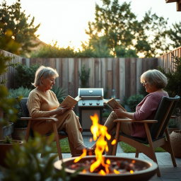 Cinematic shot of two middle-aged women sitting side by side in terrace chairs, engrossed in reading books while enjoying a friendly chat