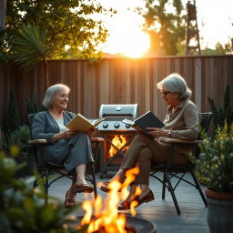 Cinematic shot of two middle-aged women sitting side by side in terrace chairs, engrossed in reading books while enjoying a friendly chat