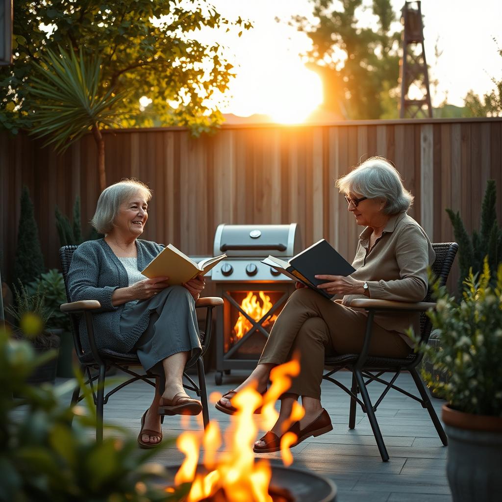 Cinematic shot of two middle-aged women sitting side by side in terrace chairs, engrossed in reading books while enjoying a friendly chat