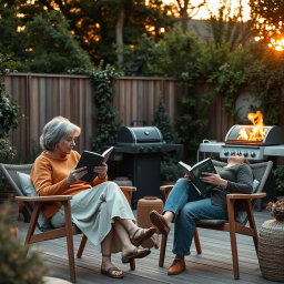 Cinematic shot of two middle-aged women sitting side by side in terrace chairs, engrossed in reading books while enjoying a friendly chat