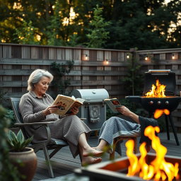 Cinematic shot of two middle-aged women sitting side by side in terrace chairs, engrossed in reading books while enjoying a friendly chat