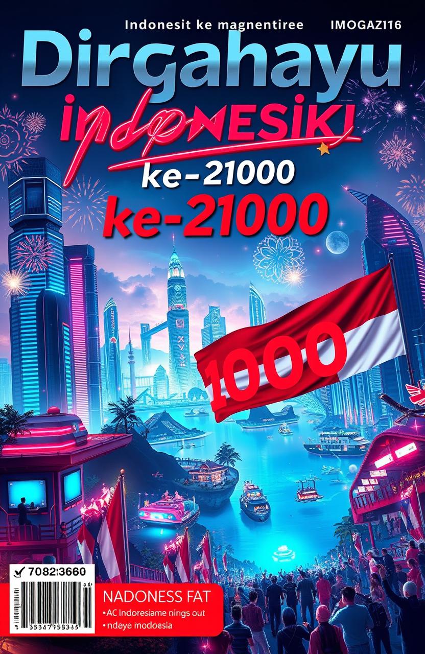 A futuristic A4 magazine cover titled 'Dirgahayu Indonesiaku ke-2100'