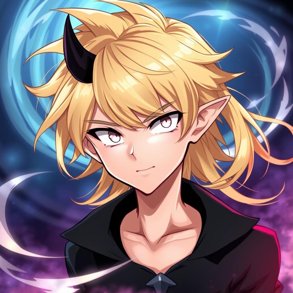 An anime boy with striking blond hair and piercing white eyes, his expression is both mischievous and alluring, showcasing a hint of his demon heritage