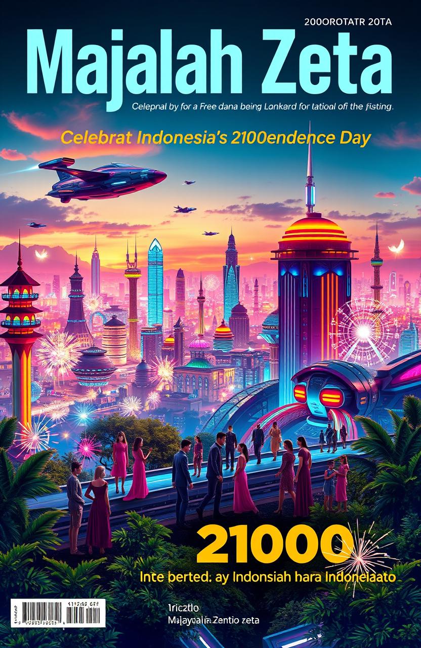 A futuristic A4 magazine cover for 'Majalah Zeta' celebrating Indonesia's 2100 Independence Day