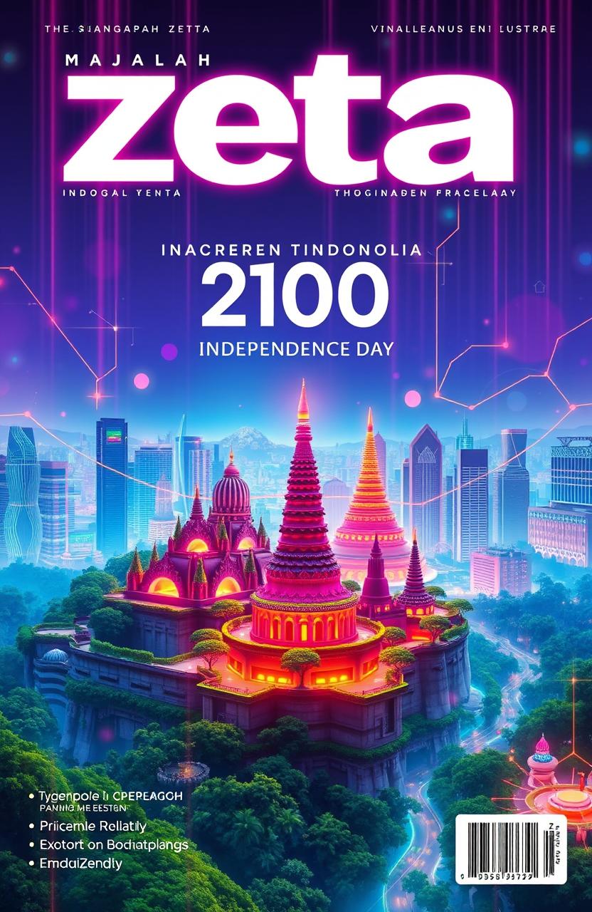 A vibrant magazine cover design for 'Majalah Zeta' celebrating Indonesia's 2100 Independence Day