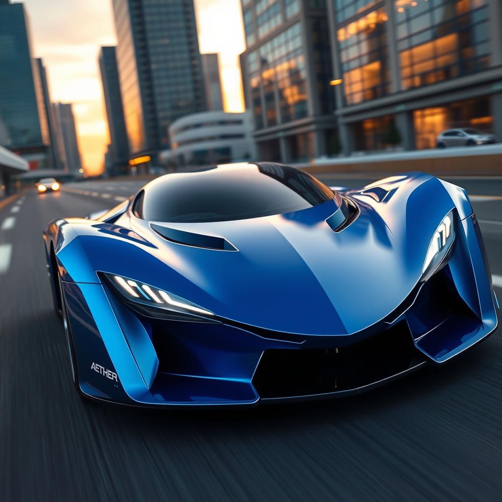 A sleek, futuristic sports car named 'Aether', featuring an aerodynamic design with sharp lines and curves
