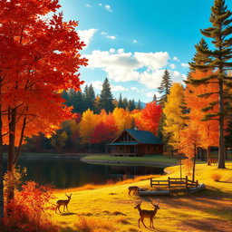 A picturesque autumn landscape featuring a vibrant array of fall foliage with rich reds, oranges, and yellows