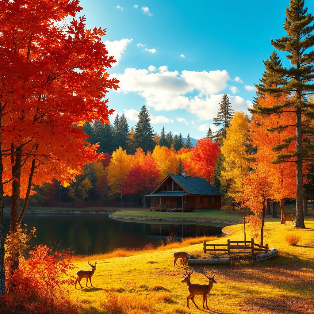 A picturesque autumn landscape featuring a vibrant array of fall foliage with rich reds, oranges, and yellows