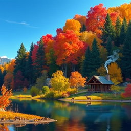 A picturesque autumn landscape featuring a vibrant array of fall foliage with rich reds, oranges, and yellows