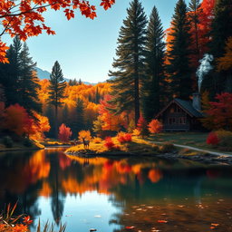 A picturesque autumn landscape featuring a vibrant array of fall foliage with rich reds, oranges, and yellows