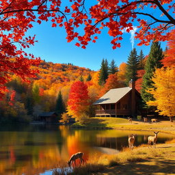 A picturesque autumn landscape featuring a vibrant array of fall foliage with rich reds, oranges, and yellows