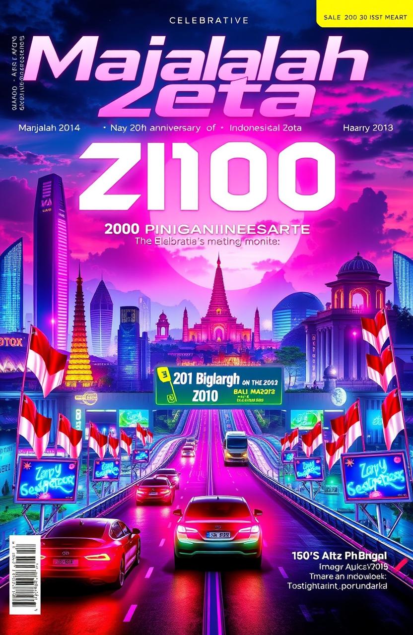 A vibrant and futuristic A4 magazine cover for 'Majalah Zeta' celebrating the 2100th Anniversary of Indonesia's Independence